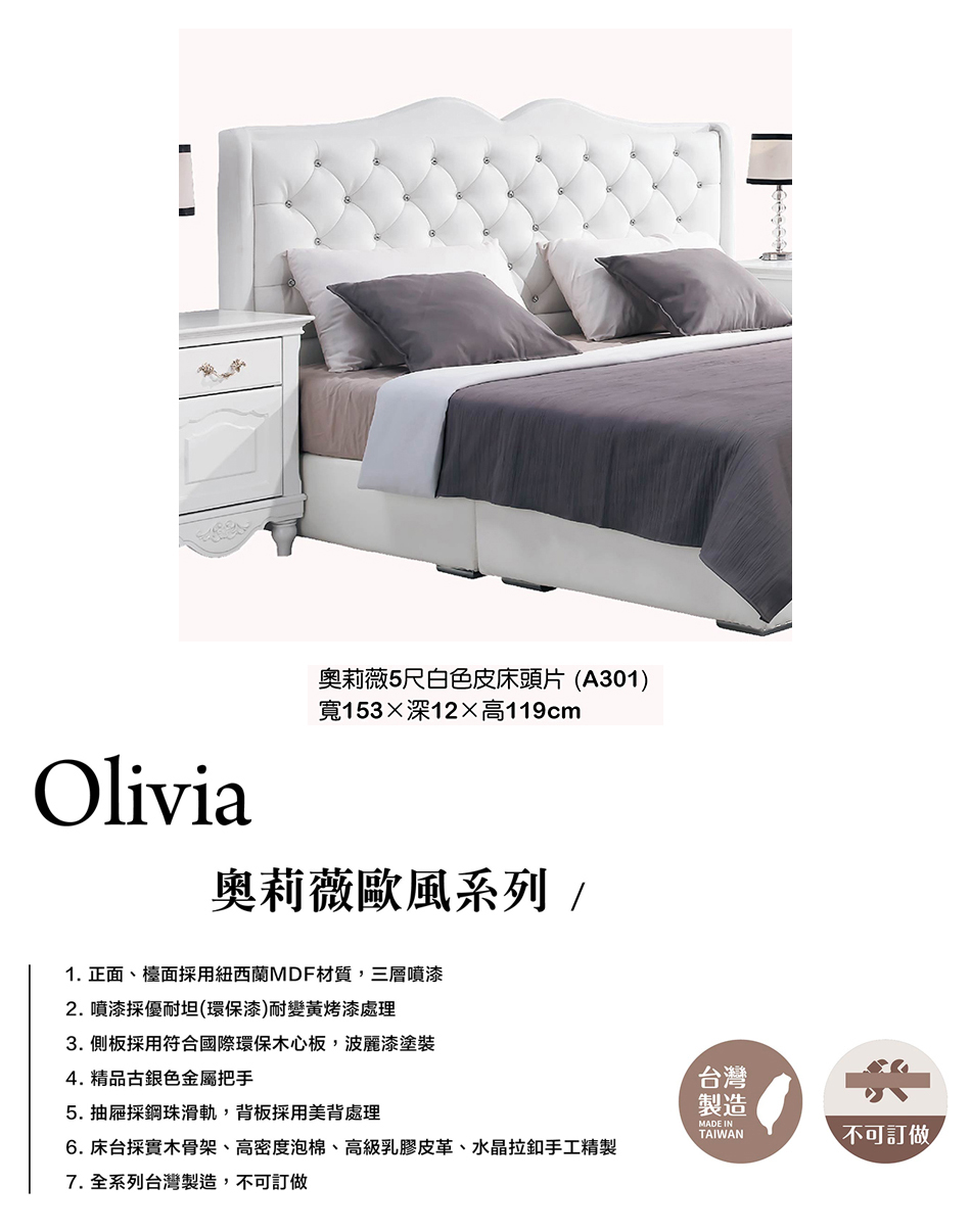古典奢華風奧莉薇5尺白色皮床頭片
