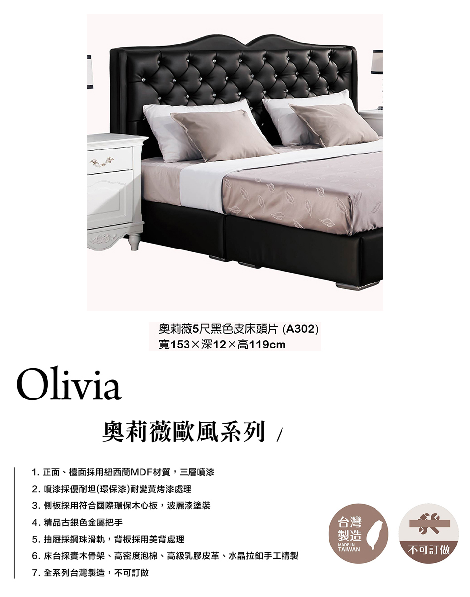 古典奢華風奧莉薇5尺黑色皮床頭片