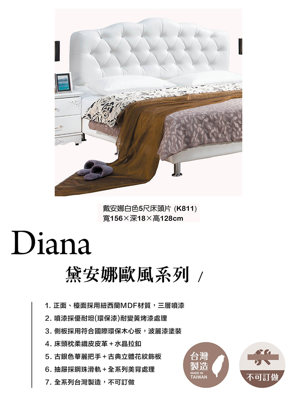 古典奢華風戴安娜5尺白色皮床頭片