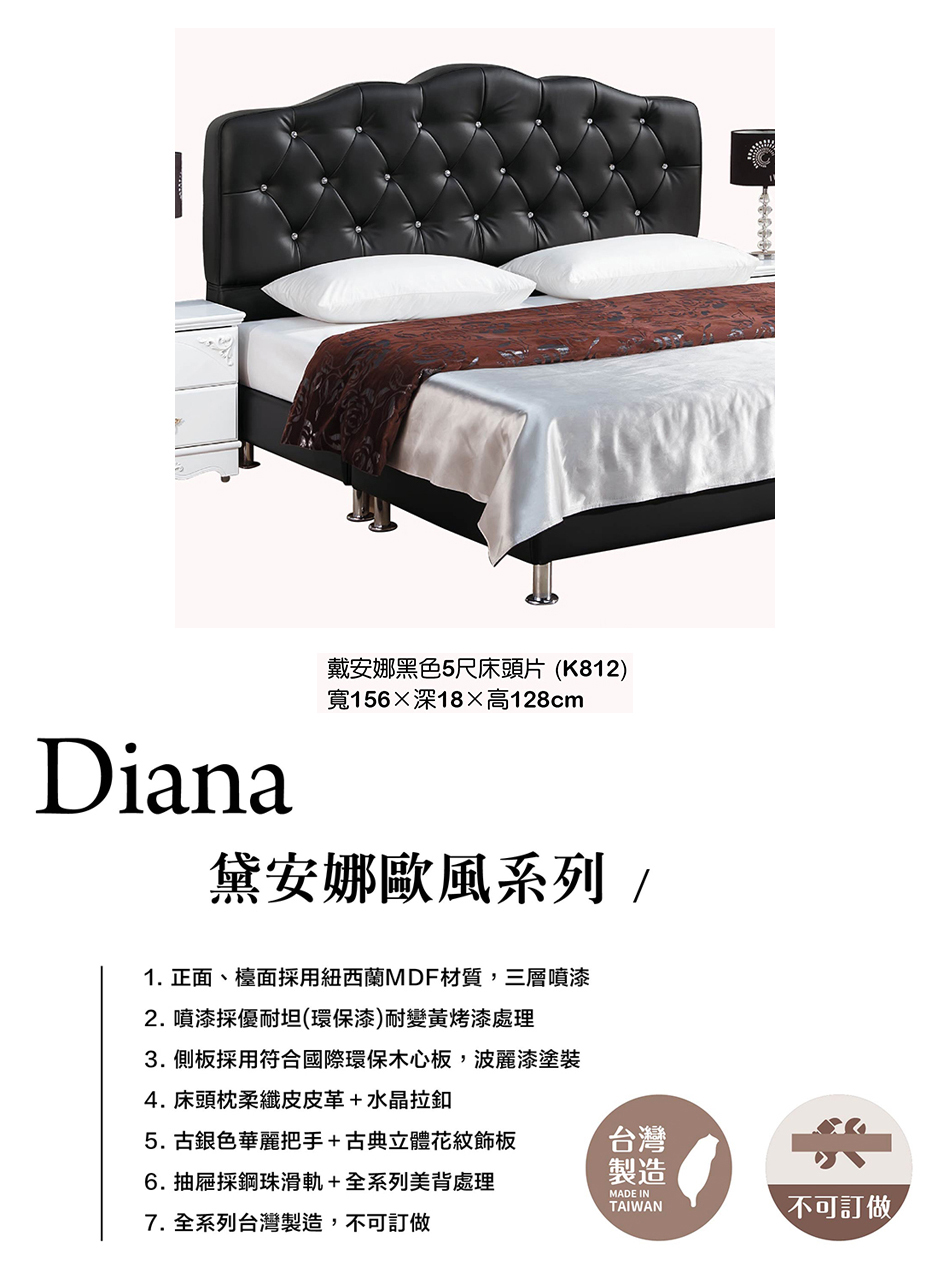 古典奢華風戴安娜5尺黑色皮床頭片